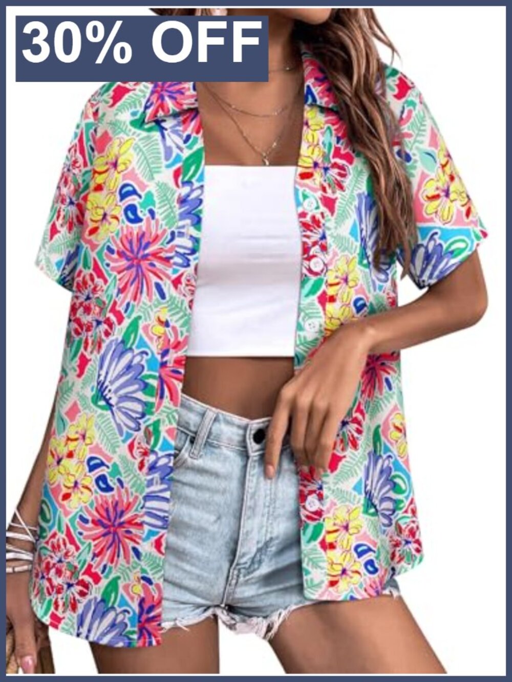 Womens Button Down Hawaiian Shirt Short Sleeve Floral Summer Blouse